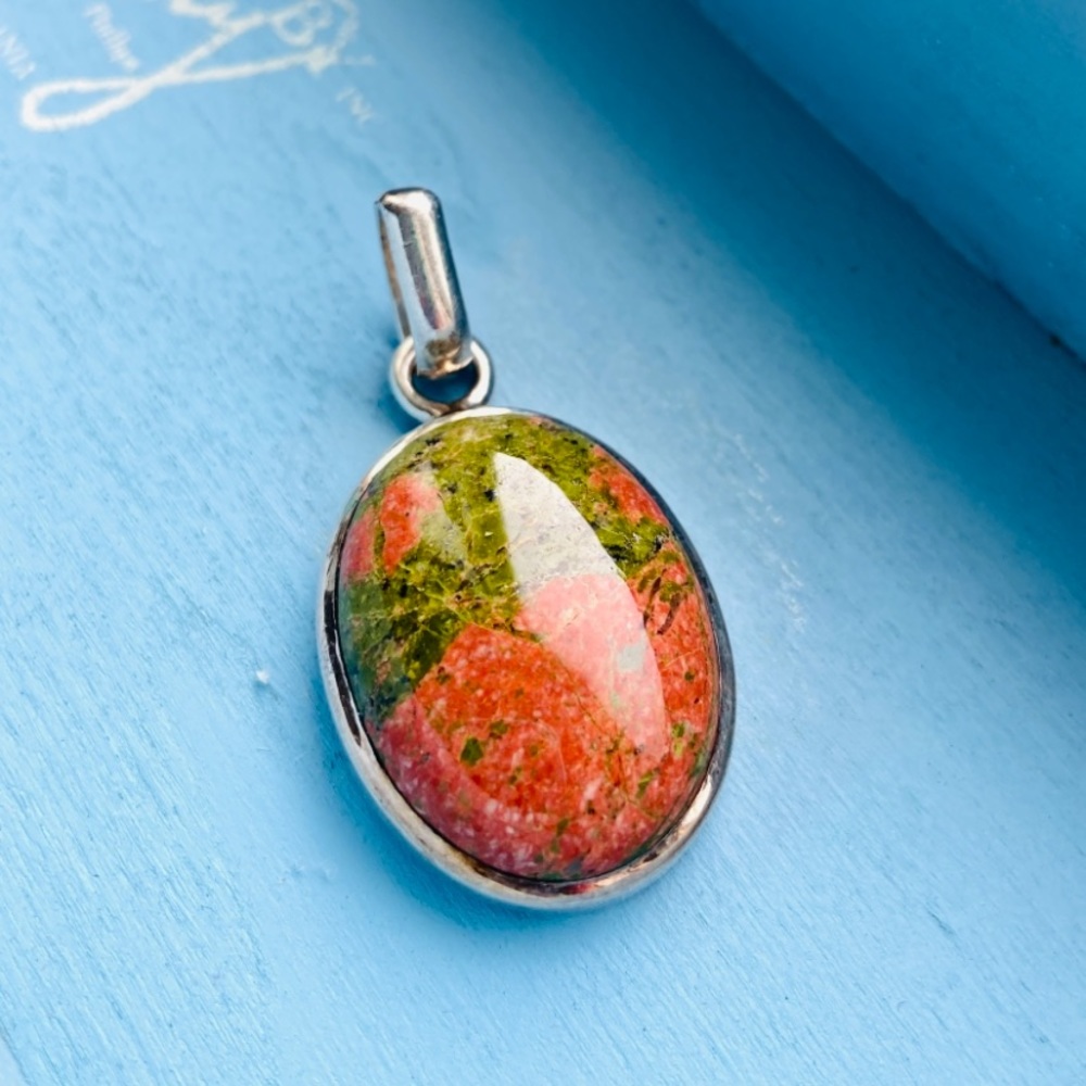 VINTAGE Mexican 925 Unakite Gemstone Pendant 2”